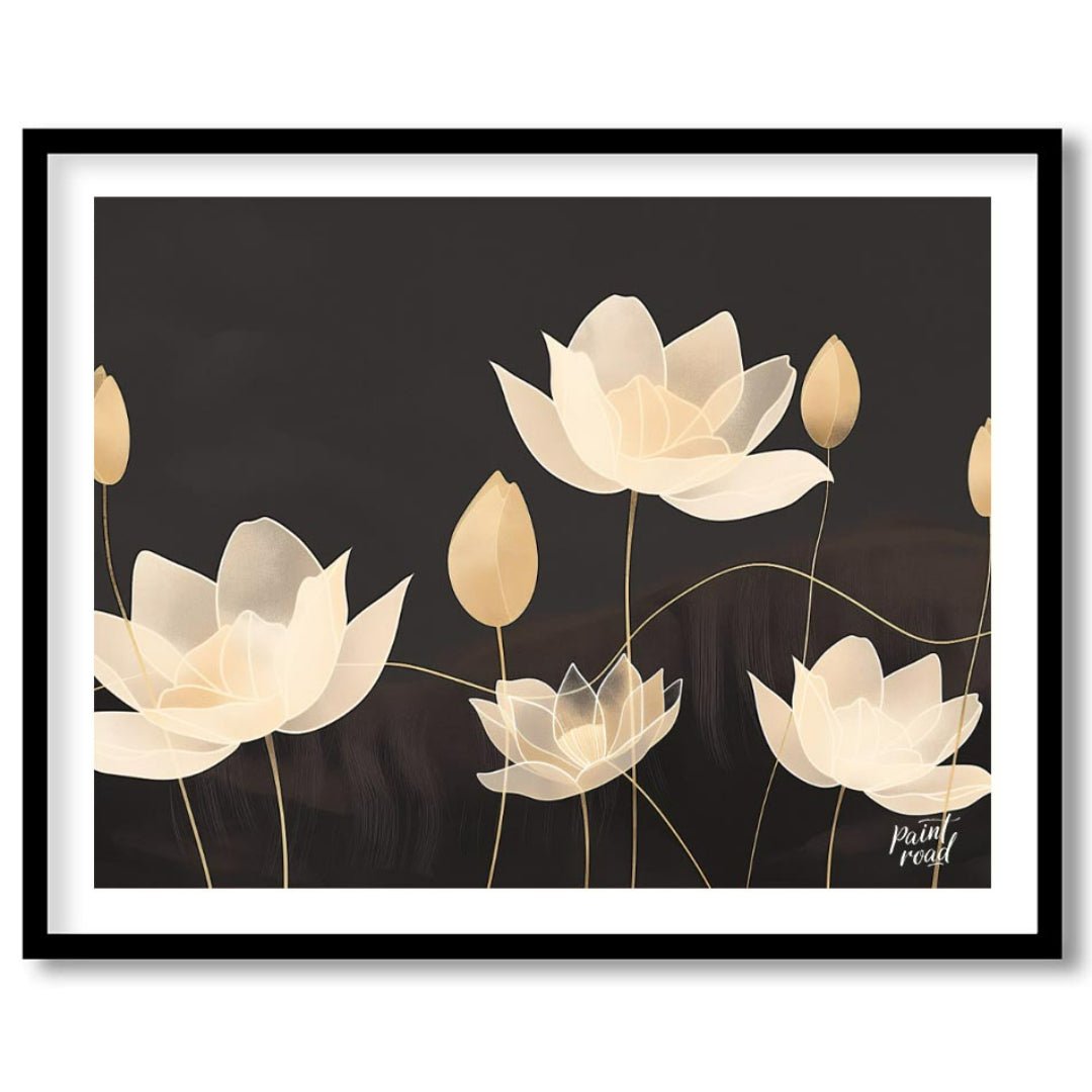 This elegant digital illustration features stylized lotus flowers in soft, pale tones against a dee… for lovely house