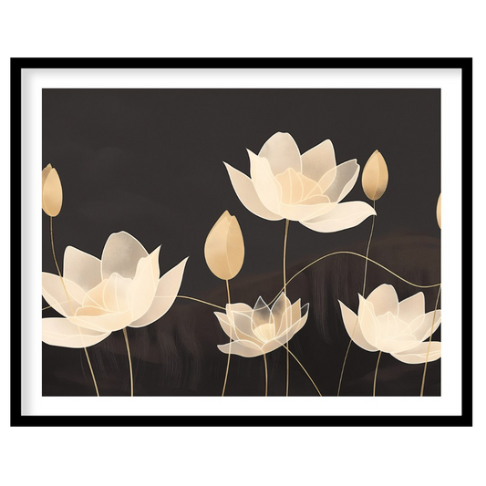 This elegant digital illustration features stylized lotus flowers in soft, pale tones against a dee… for lovely house