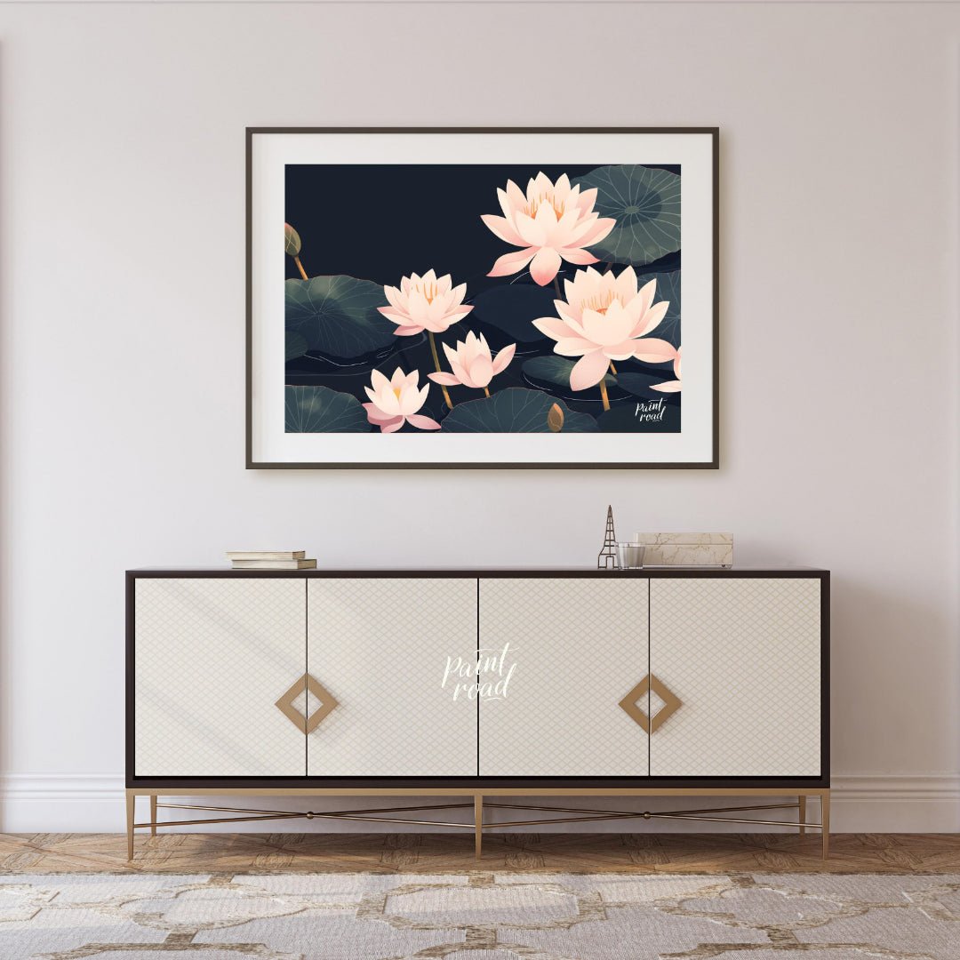 This elegant digital illustration features stylized lotus flowers in soft pink tones against a deep… for living room