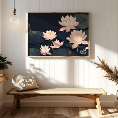 This elegant digital illustration features stylized lotus flowers in soft pink tones against a deep… for entryway