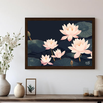 This elegant digital illustration features stylized lotus flowers in soft pink tones against a deep… for living room