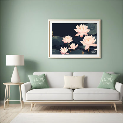 This elegant digital illustration features stylized lotus flowers in soft pink tones against a deep… for living room