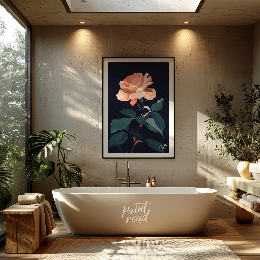 This striking digital illustration features a peach-toned rose in full bloom, set against a deep bl… for bathroom