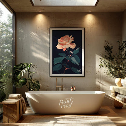 This striking digital illustration features a peach-toned rose in full bloom, set against a deep bl… for bathroom