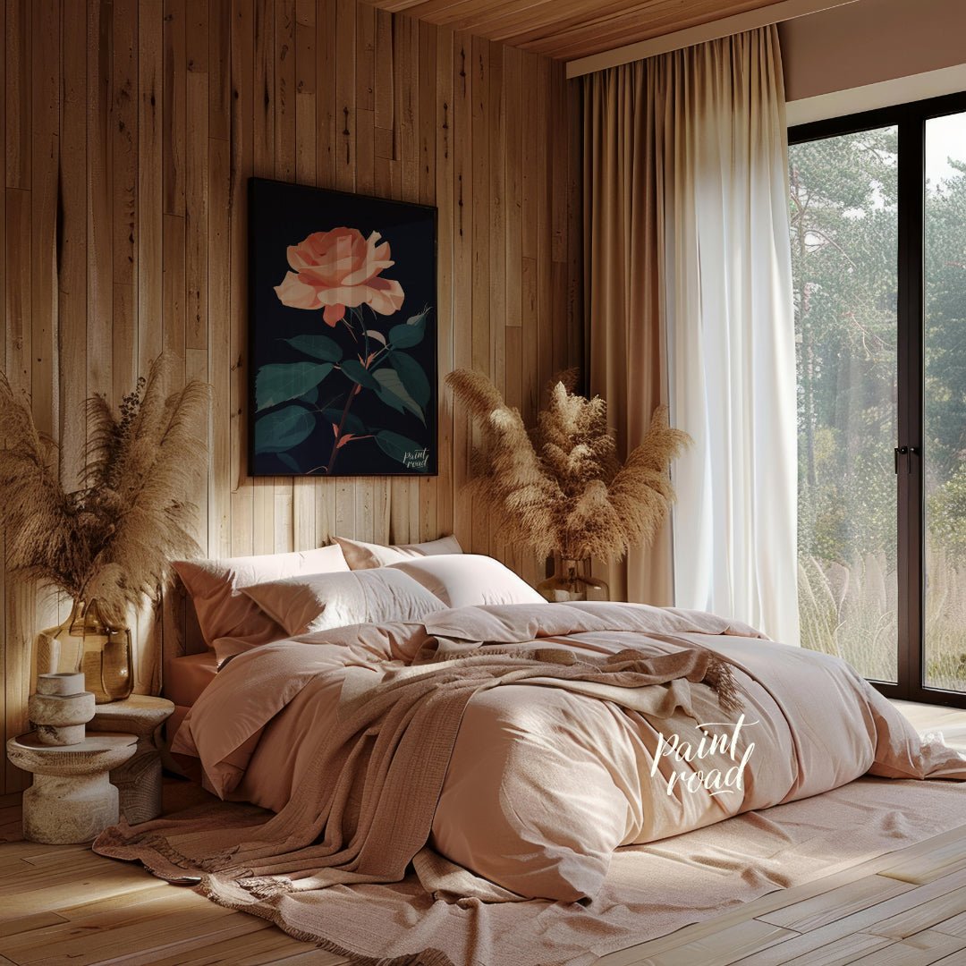 This striking digital illustration features a peach-toned rose in full bloom, set against a deep bl… for bedroom
