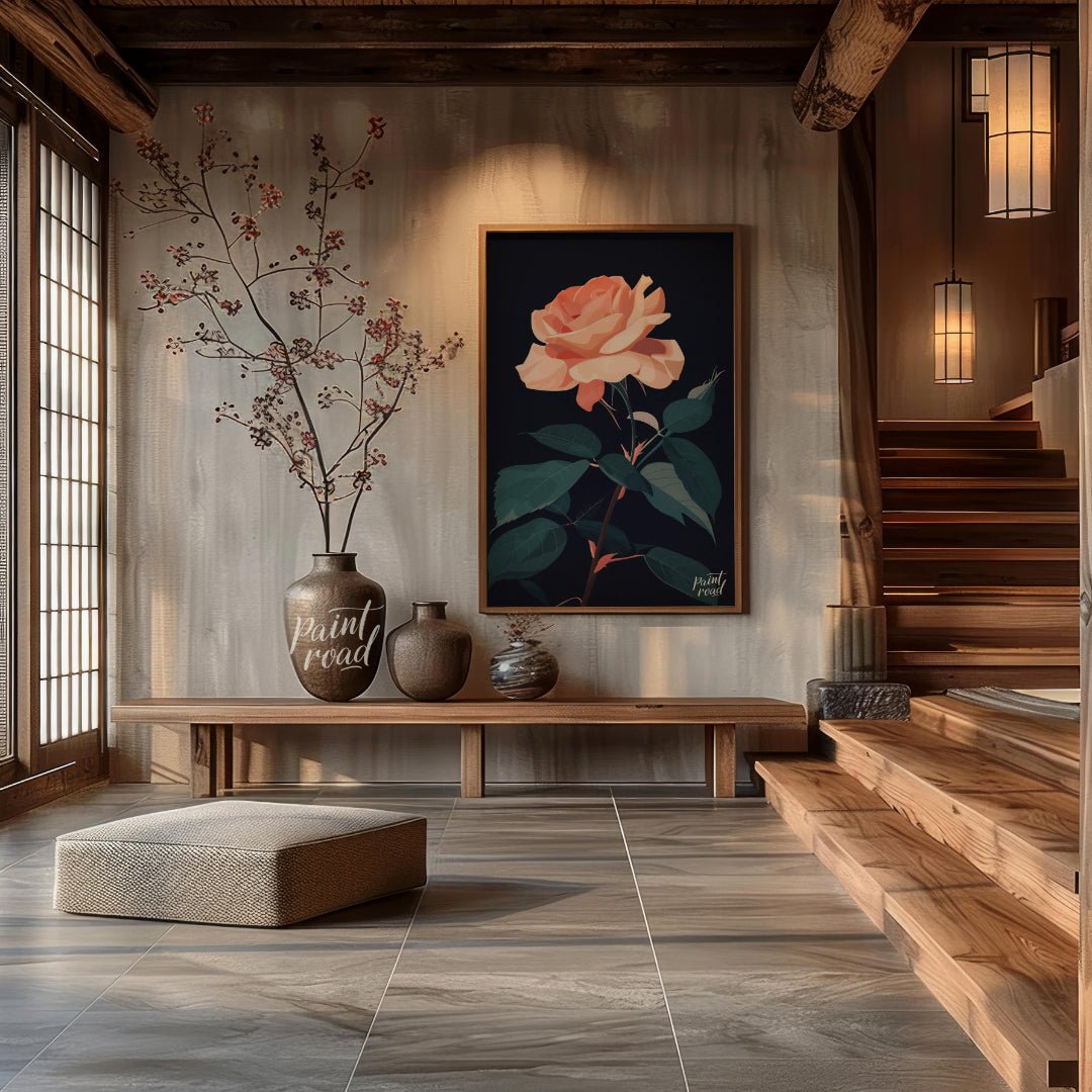 This striking digital illustration features a peach-toned rose in full bloom, set against a deep bl… for entryway
