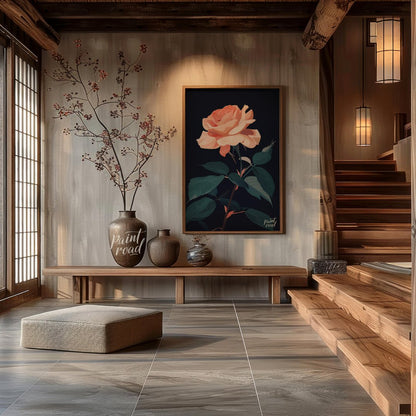 This striking digital illustration features a peach-toned rose in full bloom, set against a deep bl… for entryway