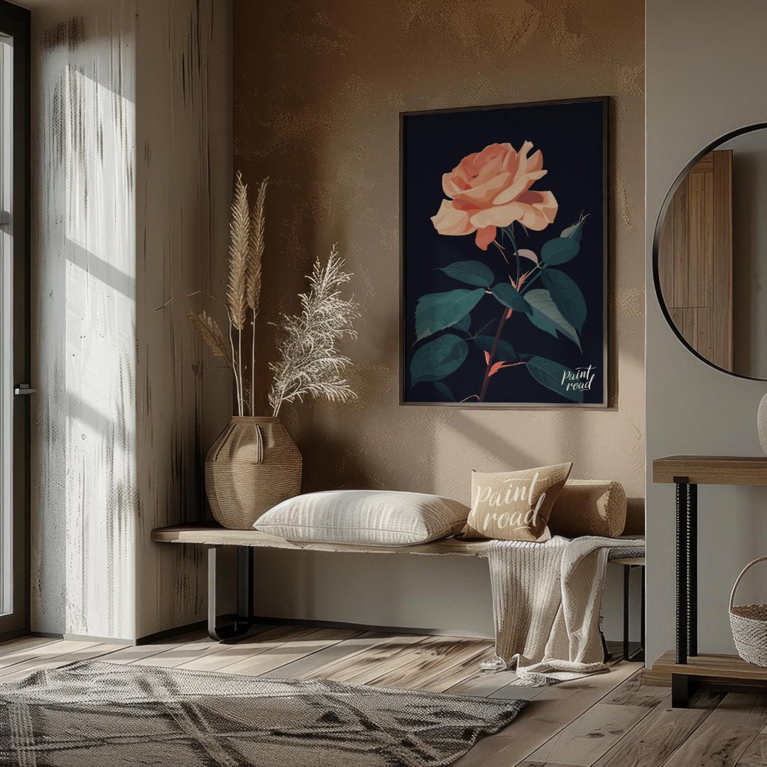 This striking digital illustration features a peach-toned rose in full bloom, set against a deep bl… for entryway