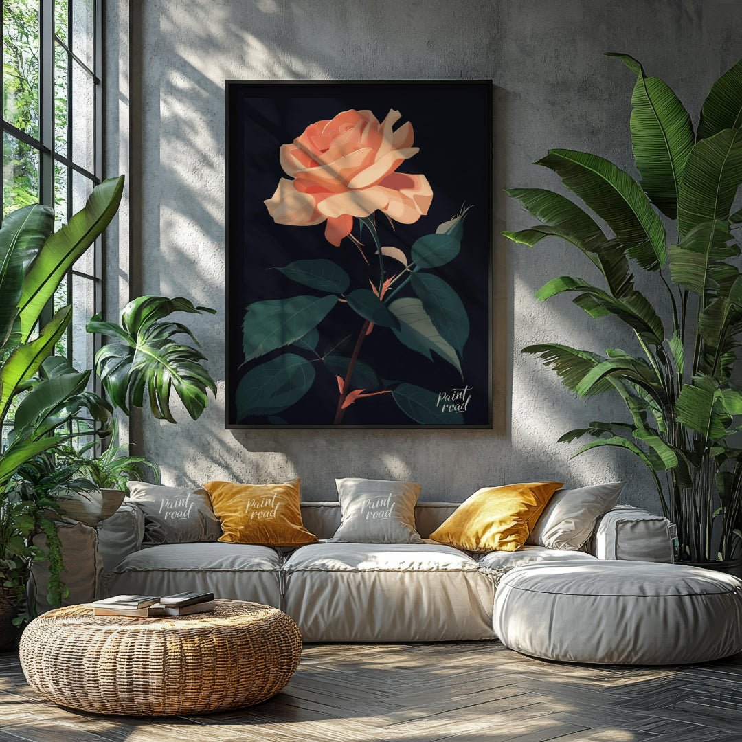This striking digital illustration features a peach-toned rose in full bloom, set against a deep bl… for living room