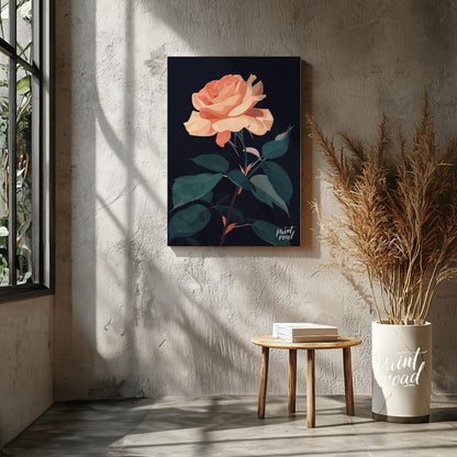 This striking digital illustration features a peach-toned rose in full bloom, set against a deep bl… for living room