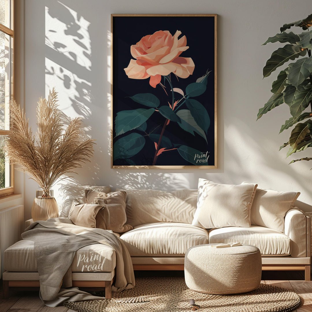 This striking digital illustration features a peach-toned rose in full bloom, set against a deep bl… for living room