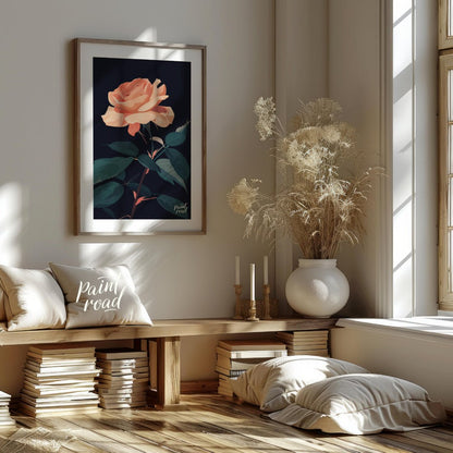 This striking digital illustration features a peach-toned rose in full bloom, set against a deep bl… for living room