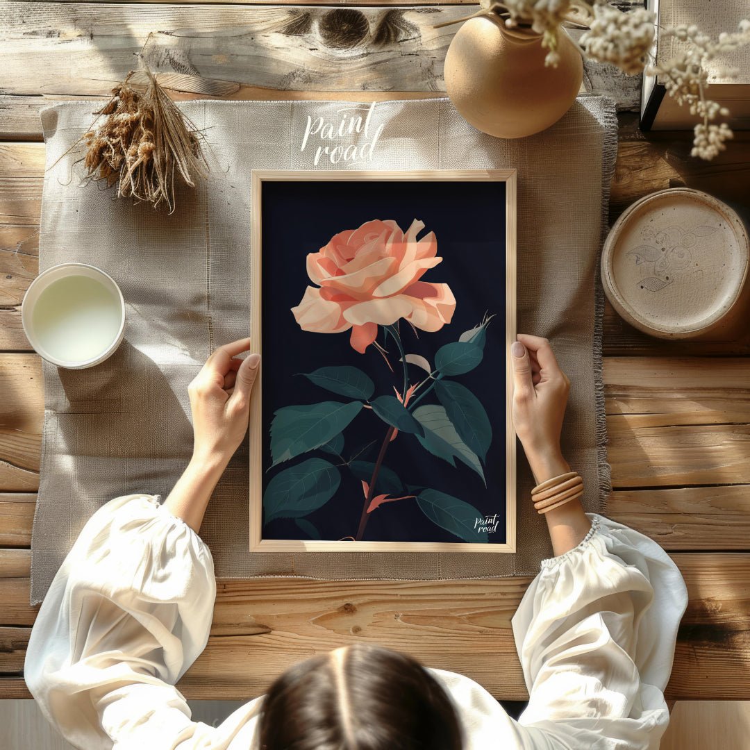 This striking digital illustration features a peach-toned rose in full bloom, set against a deep bl… for other