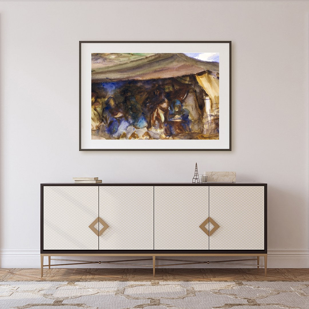 Immerse yourself in the rustic serenity of 'Nomadic Tranquility,' a captivating watercolor that for Foyer