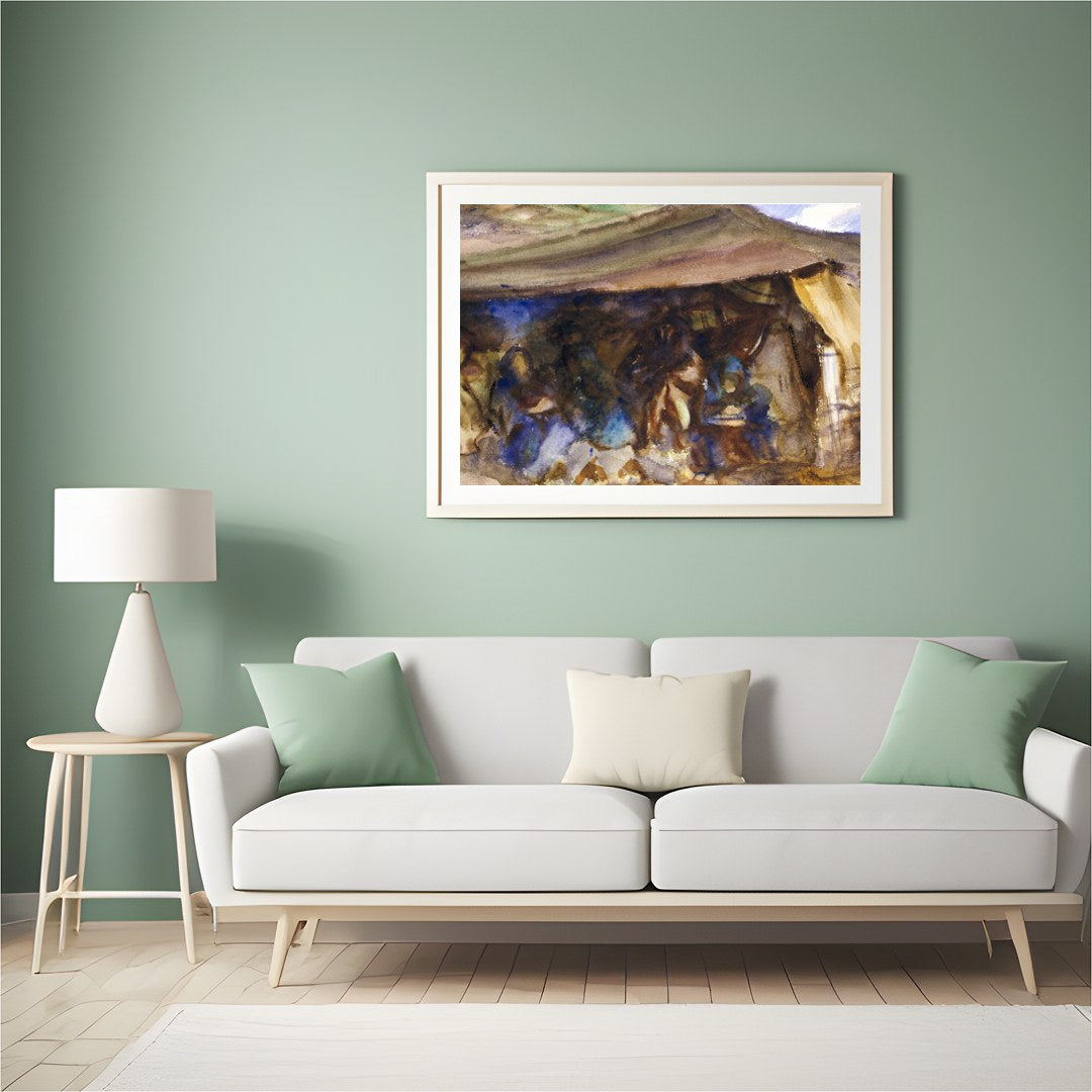 Immerse yourself in the rustic serenity of 'Nomadic Tranquility,' a captivating watercolor that for Hall