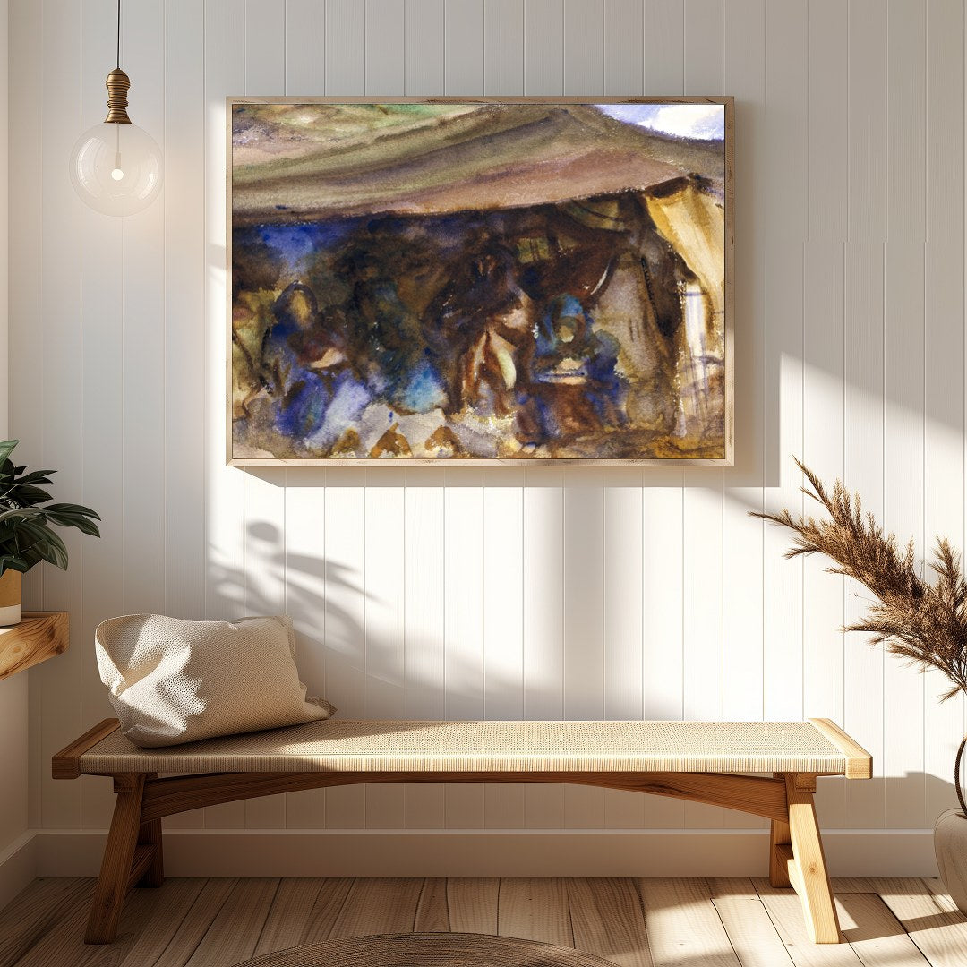 Immerse yourself in the rustic serenity of 'Nomadic Tranquility,' a captivating watercolor that for Hallway