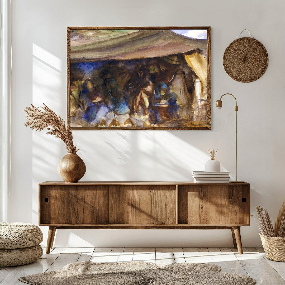 Immerse yourself in the rustic serenity of 'Nomadic Tranquility,' a captivating watercolor that for Sitting Area
