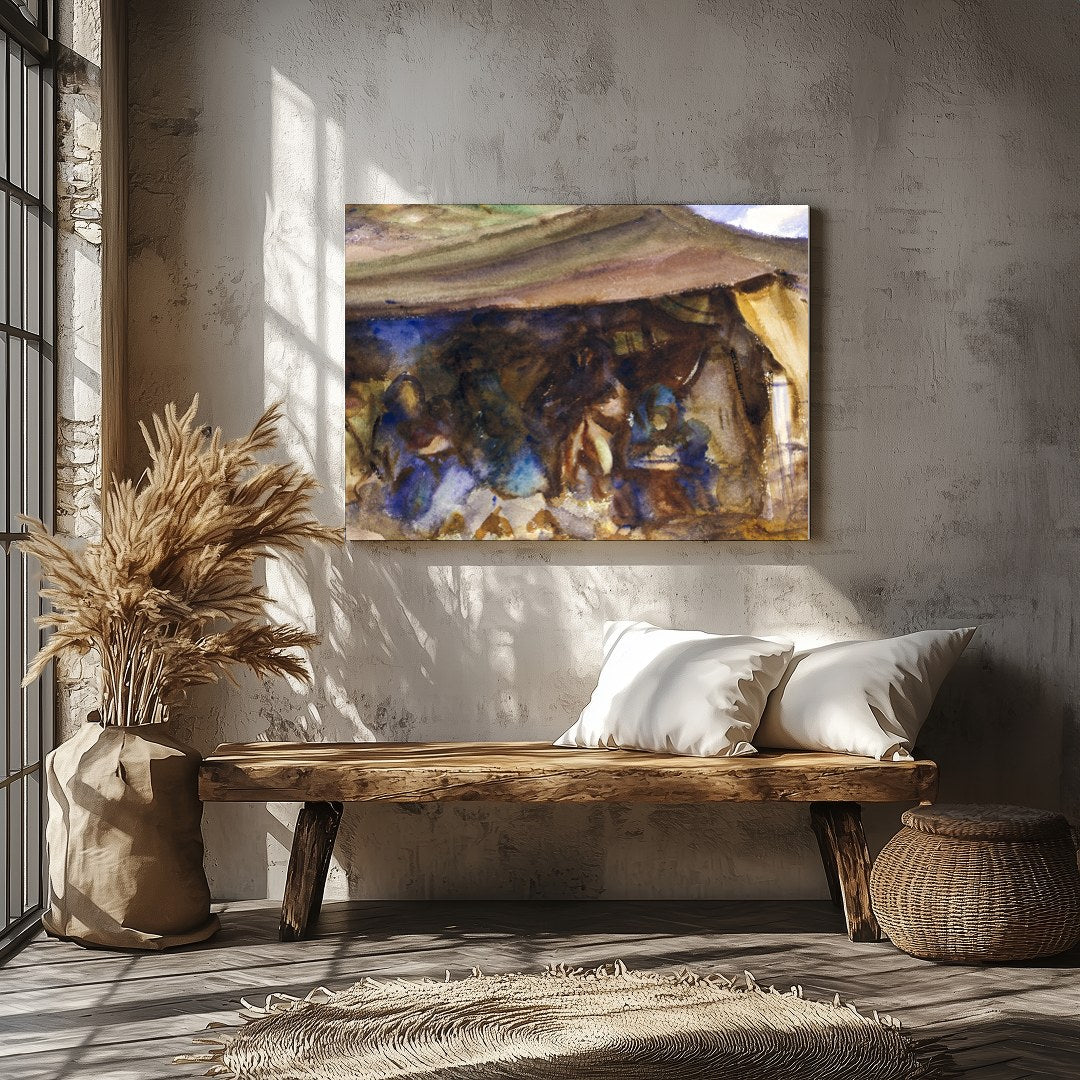 Immerse yourself in the rustic serenity of 'Nomadic Tranquility,' a captivating watercolor that for Veranda