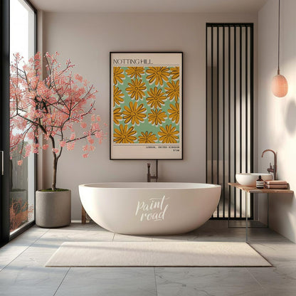 This charming poster captures the whimsical and vibrant spirit of Notting Hill, London, with a deli… for bathroom
