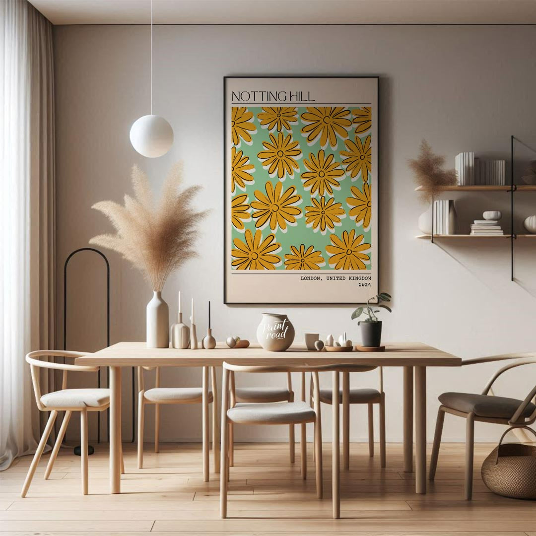 This charming poster captures the whimsical and vibrant spirit of Notting Hill, London, with a deli… for dining room