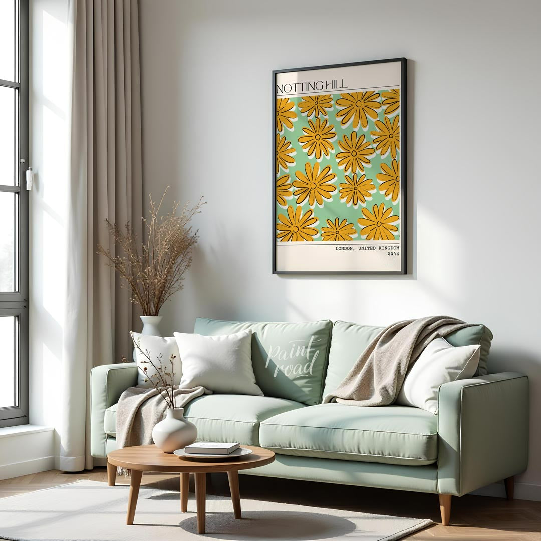 This charming poster captures the whimsical and vibrant spirit of Notting Hill, London, with a deli… for living room