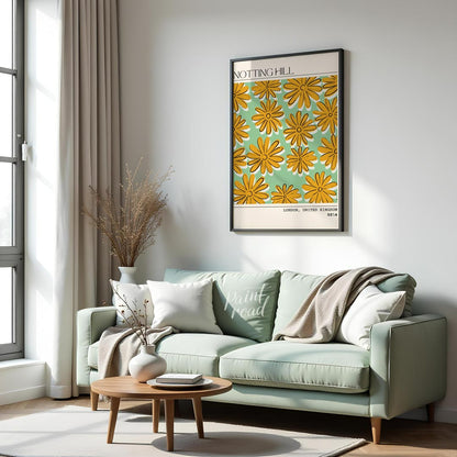 This charming poster captures the whimsical and vibrant spirit of Notting Hill, London, with a deli… for living room