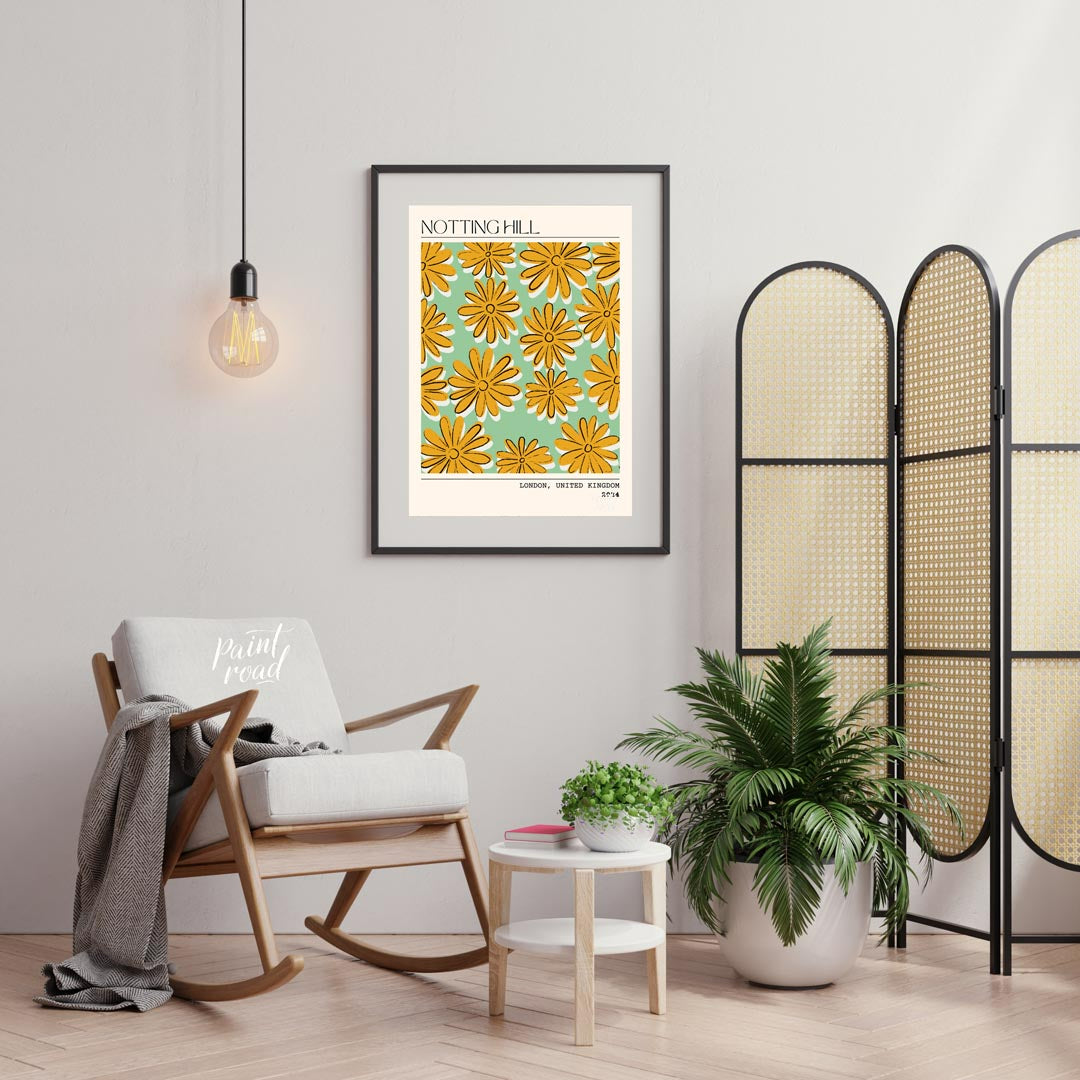 This charming poster captures the whimsical and vibrant spirit of Notting Hill, London, with a deli… for living room