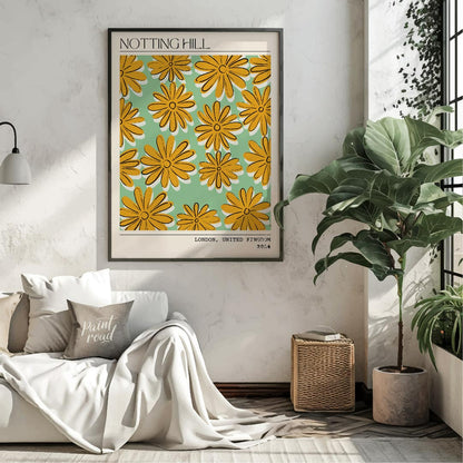 This charming poster captures the whimsical and vibrant spirit of Notting Hill, London, with a deli… for living room
