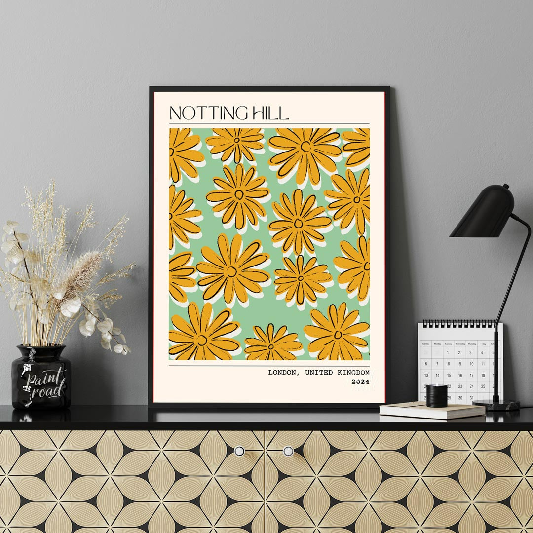 This charming poster captures the whimsical and vibrant spirit of Notting Hill, London, with a deli… for office