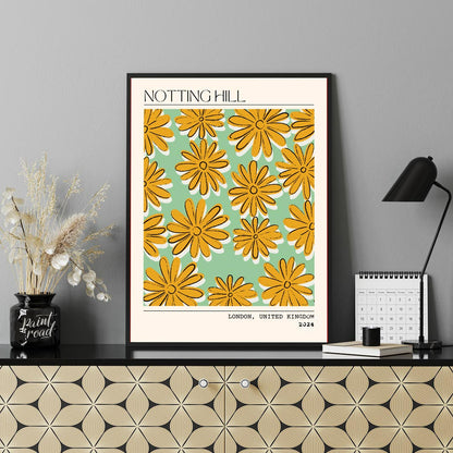 This charming poster captures the whimsical and vibrant spirit of Notting Hill, London, with a deli… for office