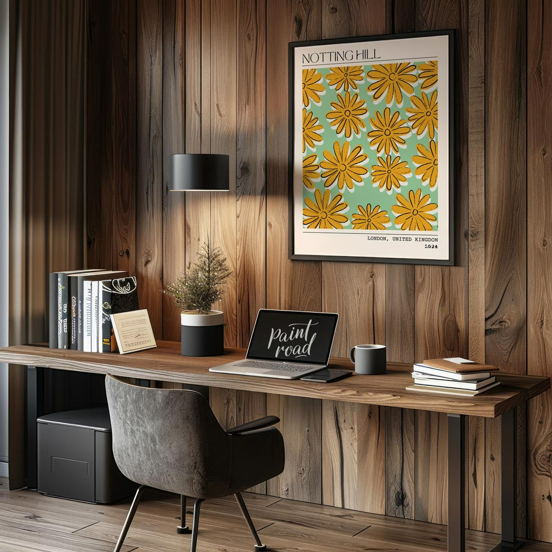 This charming poster captures the whimsical and vibrant spirit of Notting Hill, London, with a deli… for office