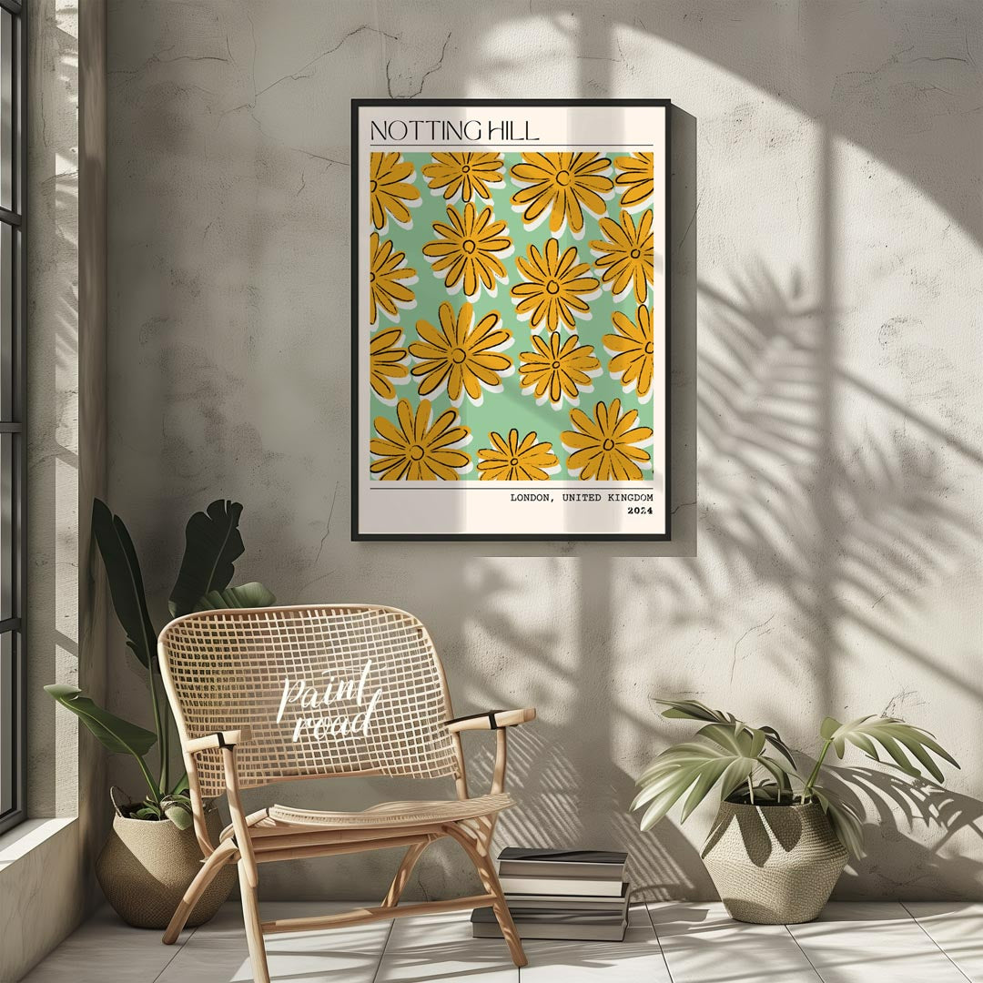 This charming poster captures the whimsical and vibrant spirit of Notting Hill, London, with a deli… for other