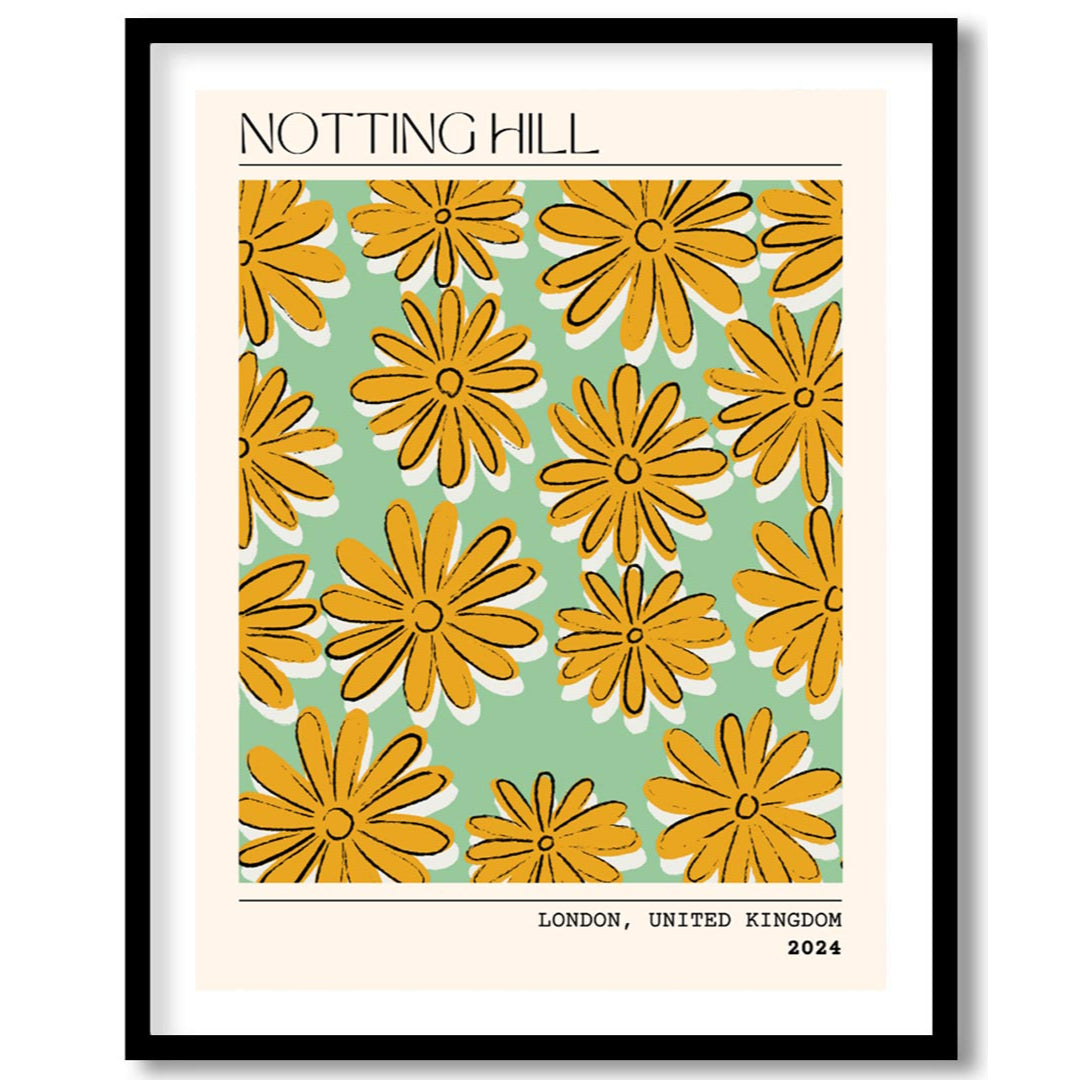 This charming poster captures the whimsical and vibrant spirit of Notting Hill, London, with a deli… for room
