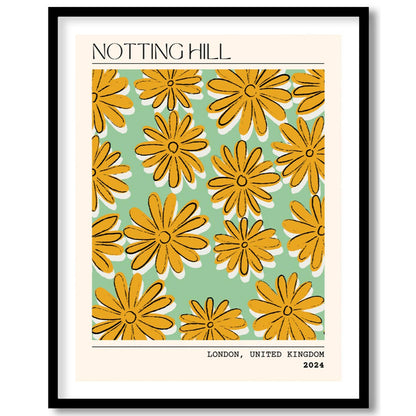 This charming poster captures the whimsical and vibrant spirit of Notting Hill, London, with a deli… for room