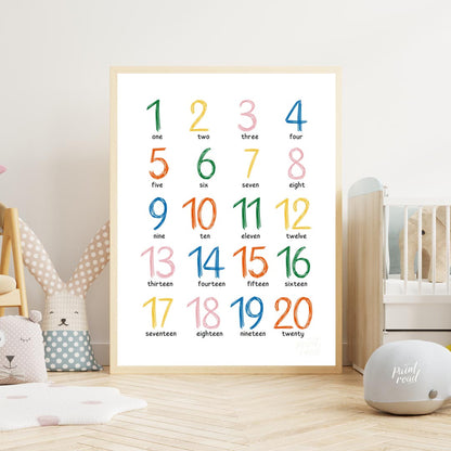 This engaging and colorful educational poster presents numbers from 1 to 20, both numerically and i… for nursery