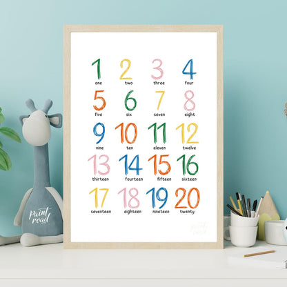 This engaging and colorful educational poster presents numbers from 1 to 20, both numerically and i… for nursery