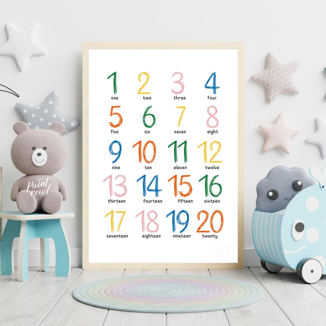 This engaging and colorful educational poster presents numbers from 1 to 20, both numerically and i… for nursery