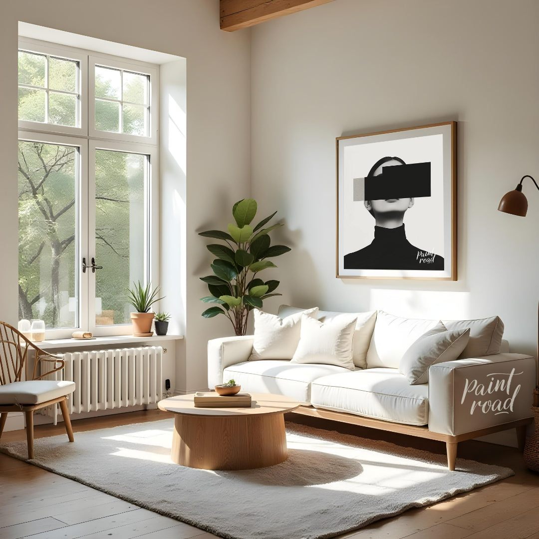 This conceptual artwork features a woman's portrait, rendered in a minimalist style with a focus on… for living room