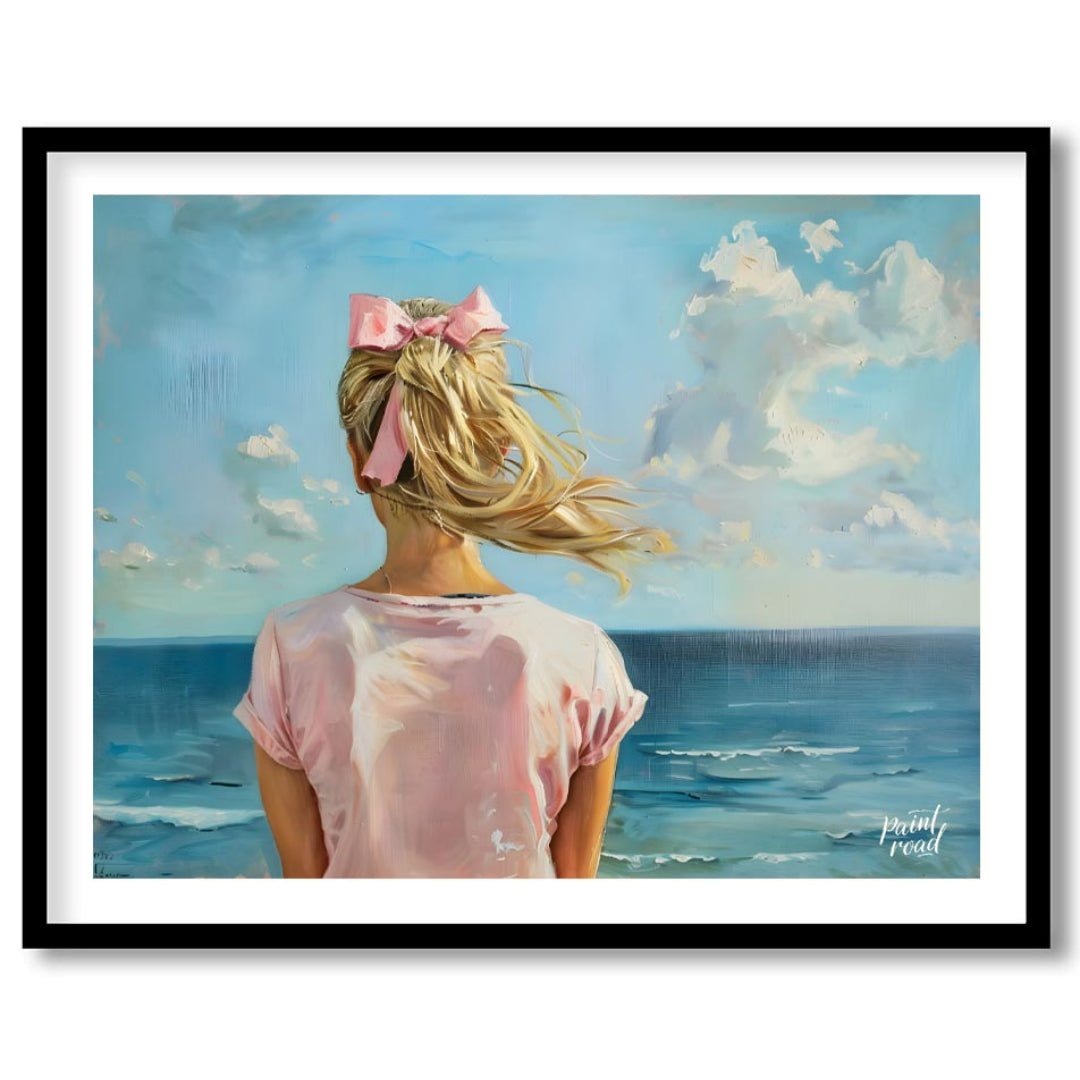 This artwork captures a serene moment by the sea, viewed from behind a figure with long, blonde hai… for area