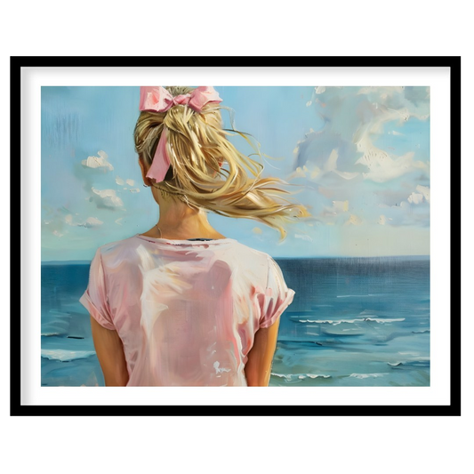 This artwork captures a serene moment by the sea, viewed from behind a figure with long, blonde hai… for area