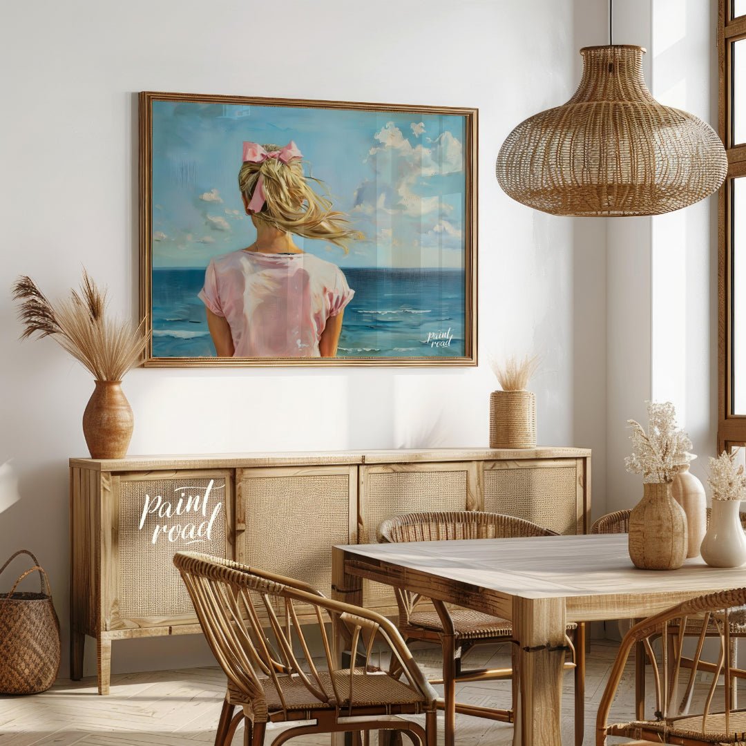 This artwork captures a serene moment by the sea, viewed from behind a figure with long, blonde hai… for dining room