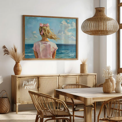 This artwork captures a serene moment by the sea, viewed from behind a figure with long, blonde hai… for dining room