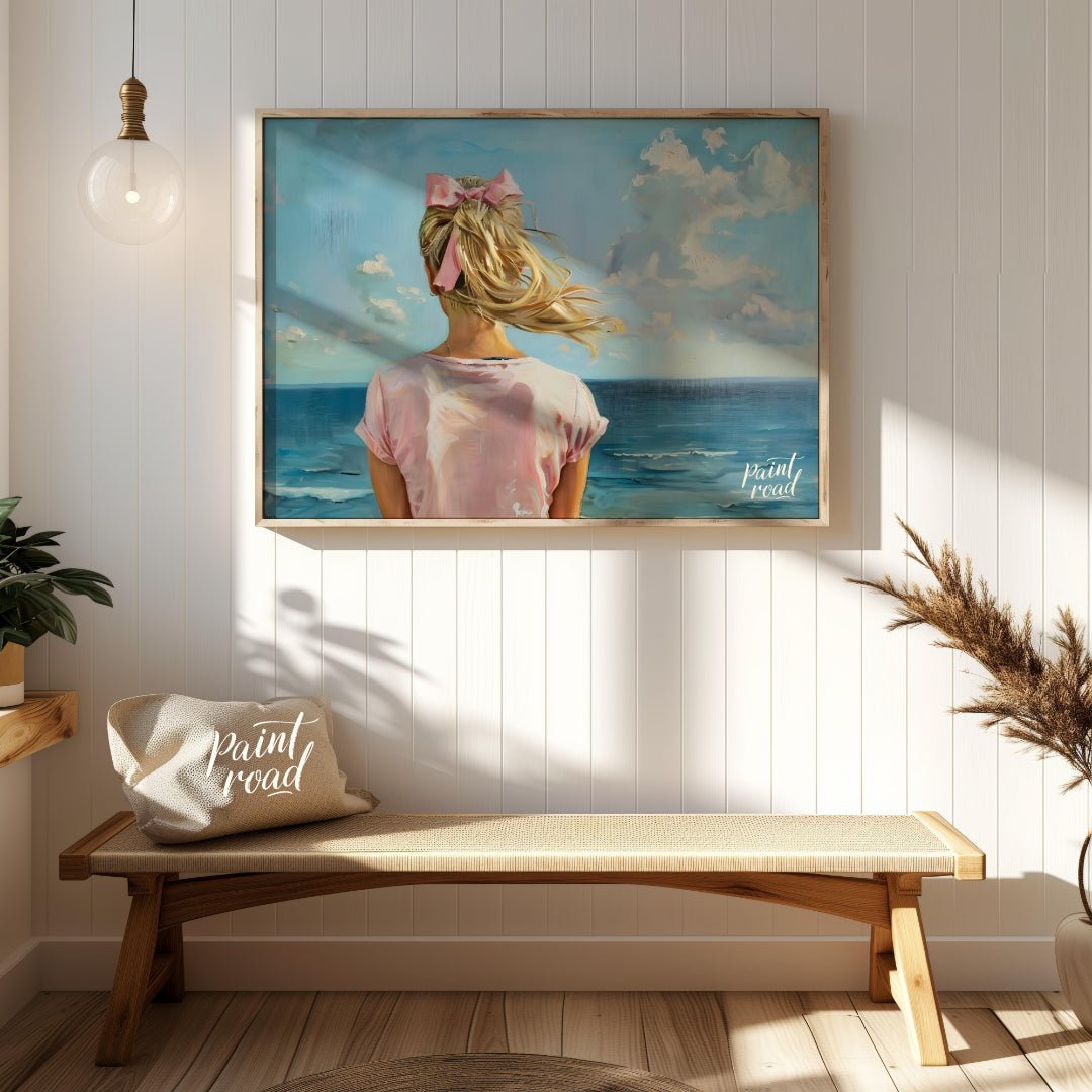 This artwork captures a serene moment by the sea, viewed from behind a figure with long, blonde hai… for entryway