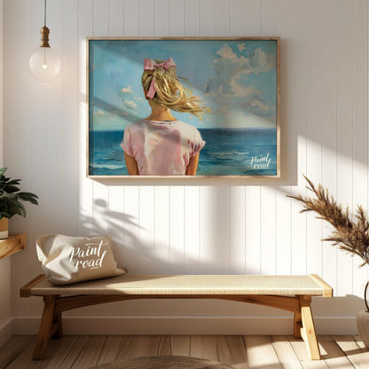 This artwork captures a serene moment by the sea, viewed from behind a figure with long, blonde hai… for entryway