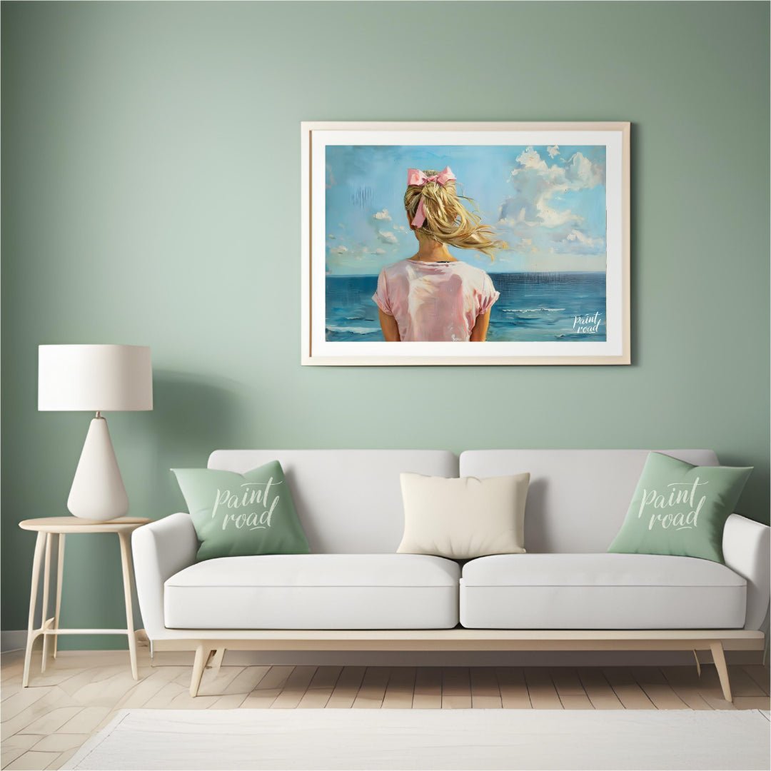 This artwork captures a serene moment by the sea, viewed from behind a figure with long, blonde hai… for living room