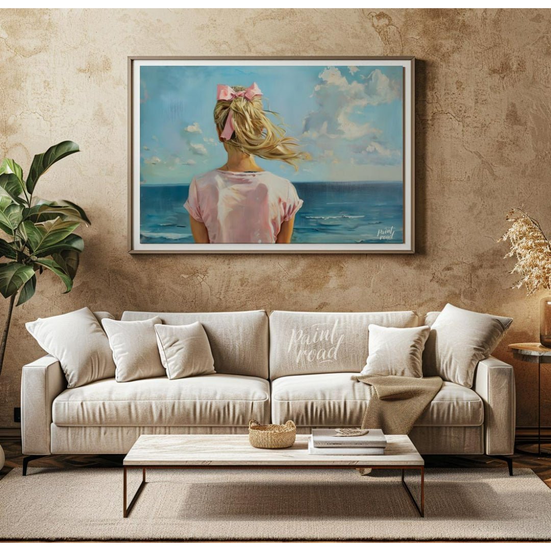 This artwork captures a serene moment by the sea, viewed from behind a figure with long, blonde hai… for living room