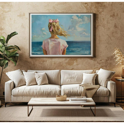 This artwork captures a serene moment by the sea, viewed from behind a figure with long, blonde hai… for living room