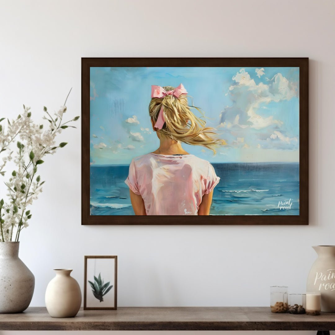 This artwork captures a serene moment by the sea, viewed from behind a figure with long, blonde hai… for living room