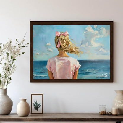 This artwork captures a serene moment by the sea, viewed from behind a figure with long, blonde hai… for living room