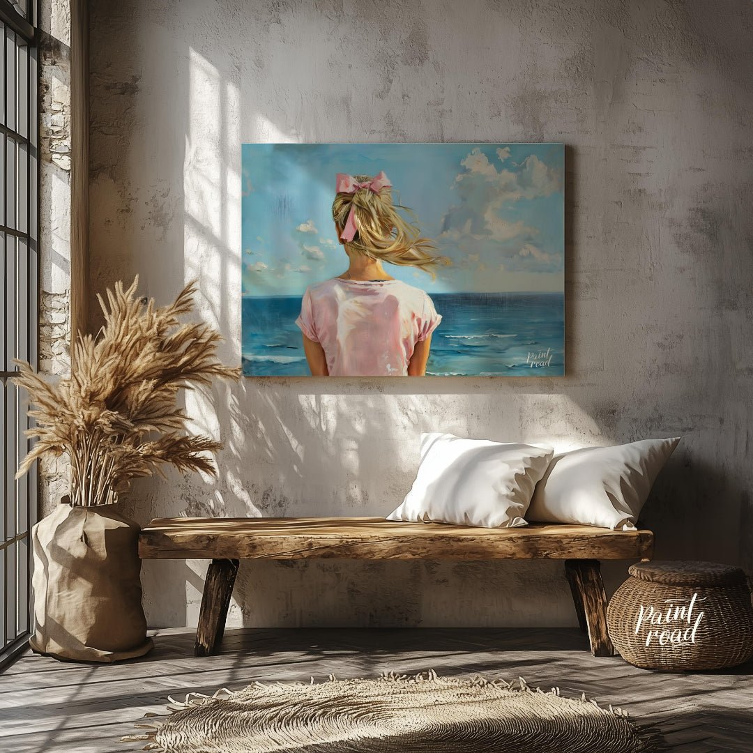 This artwork captures a serene moment by the sea, viewed from behind a figure with long, blonde hai… for living room